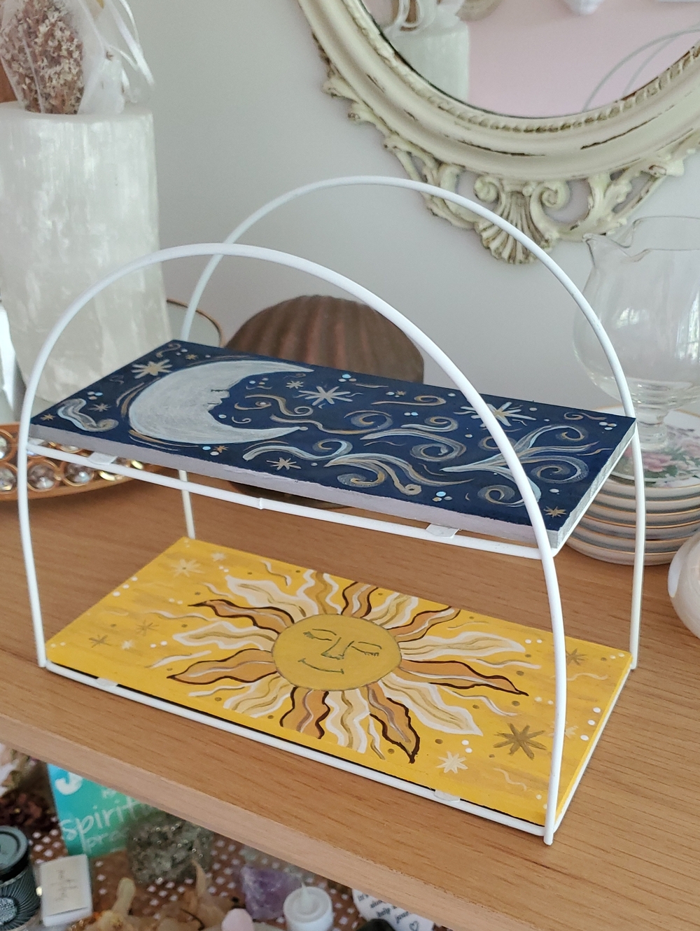 Hand Painted Sun & Moon Painted Two-Tier Wooden Home Accent Organizer Shelf - Picture 8 of 11